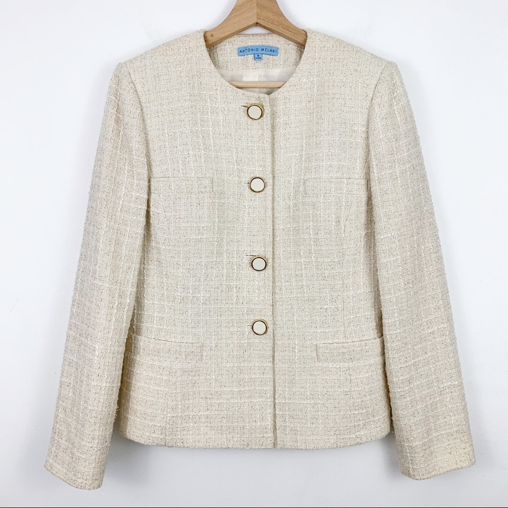 🩵 3 for $10 Antonio Melani White Tweed Blazer 8 Gold Metallic